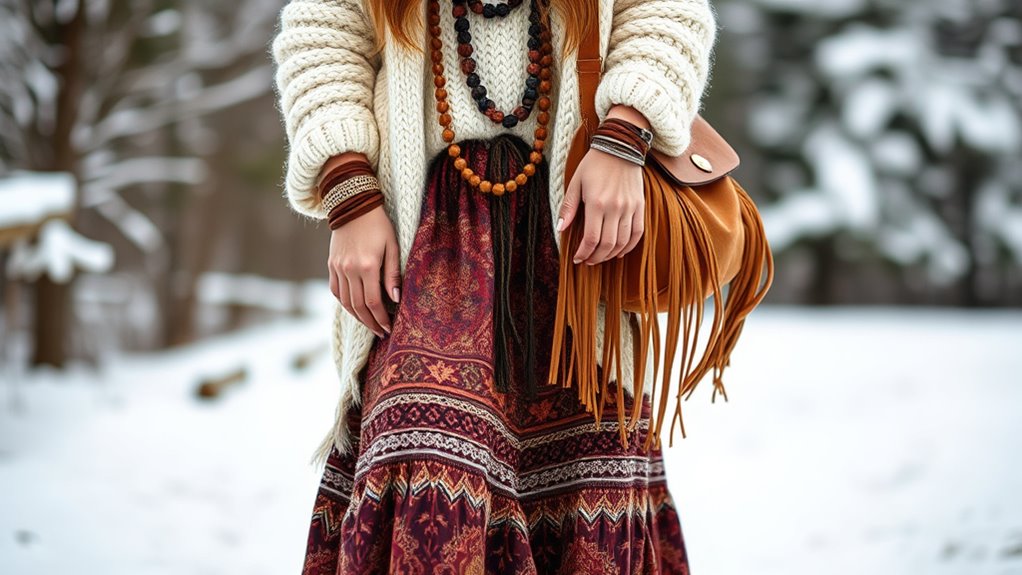 boho winter accessory layering