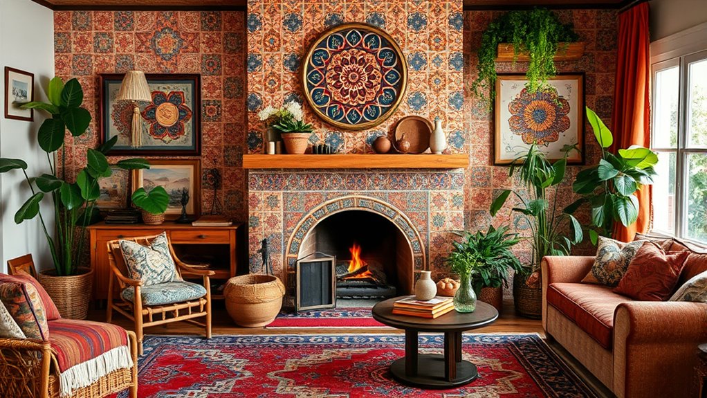 handpainted boho fireplace decor