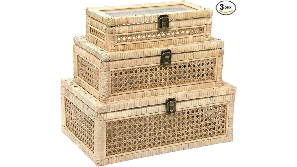 three rattan glass boxes