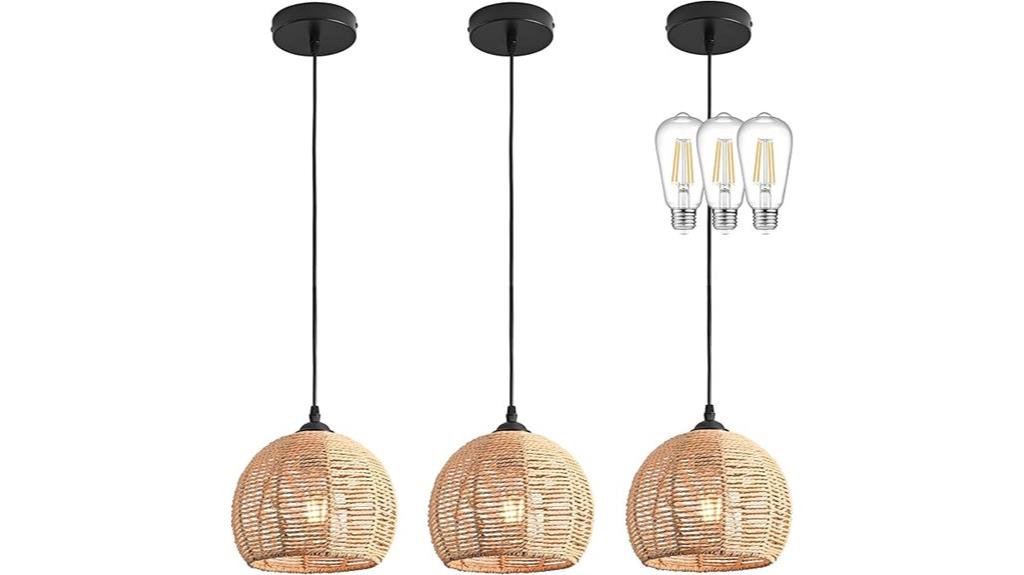 three wicker pendant lights