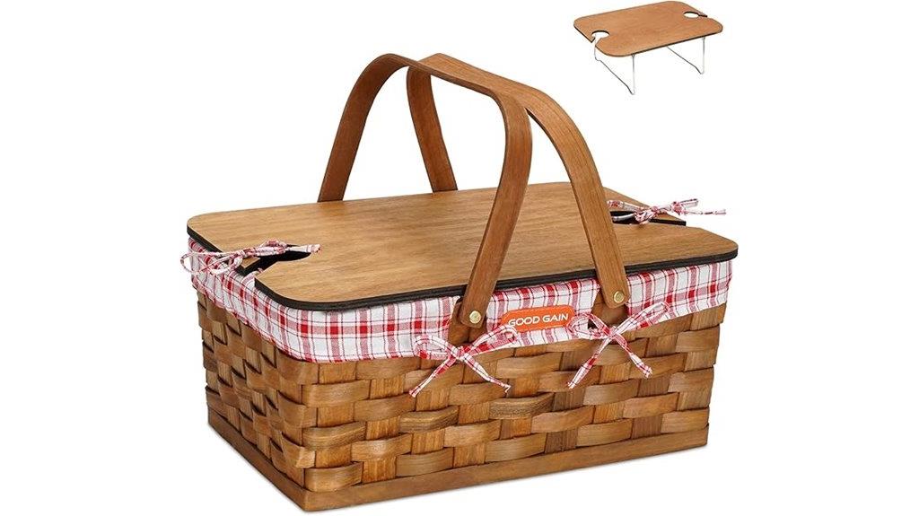wooden picnic basket with wine table