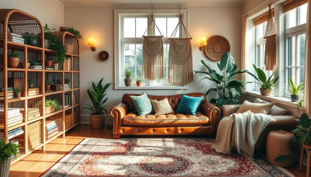 stylish storage solutions in a boho living room