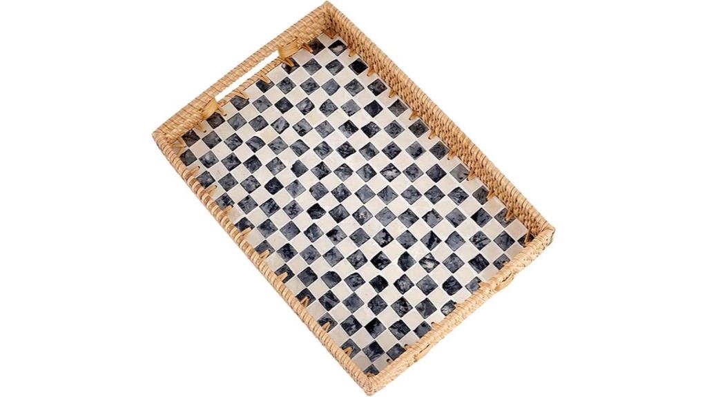 black checkerboard rattan tray