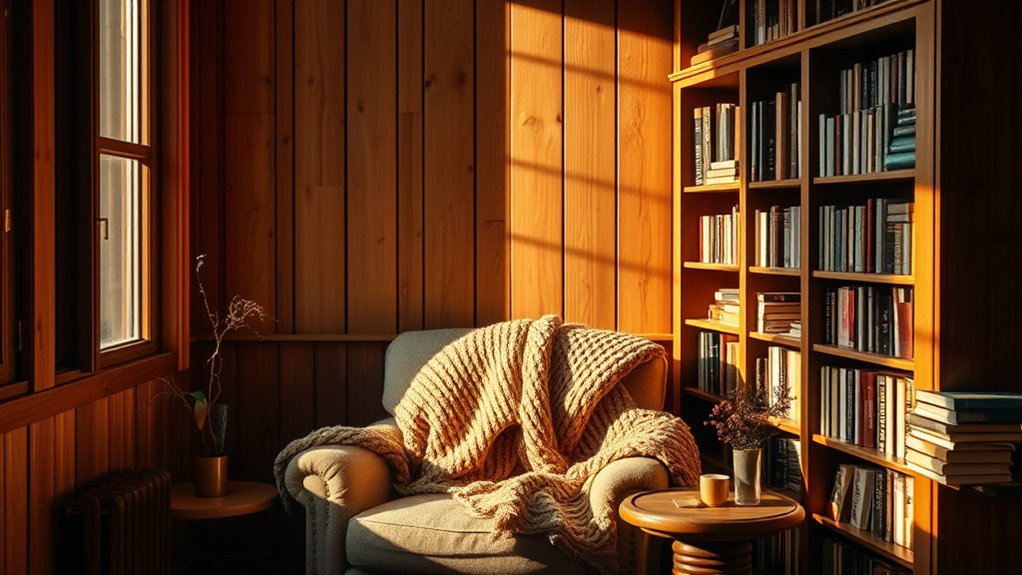 cozy wood toned reading nook