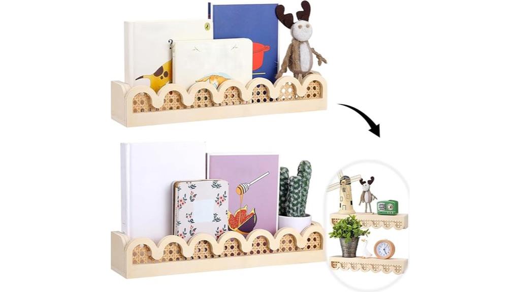 pink rattan wall shelves