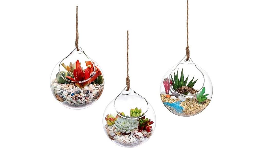 three glass hanging planters