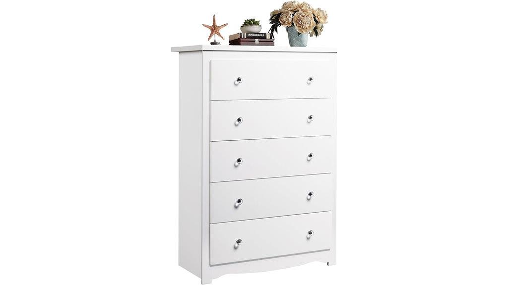 white wooden five drawer dresser