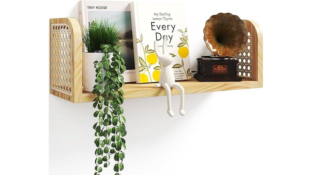 wooden rattan wall shelf