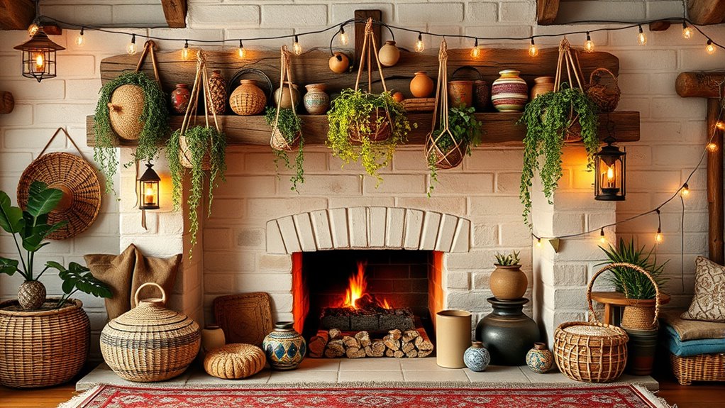 boho fireplace mantel decor